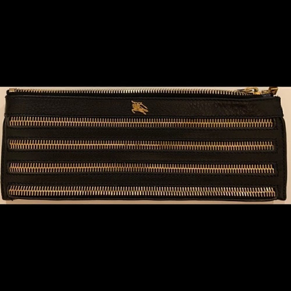 Burberry Black Leather Clutch w Gold Zippere
